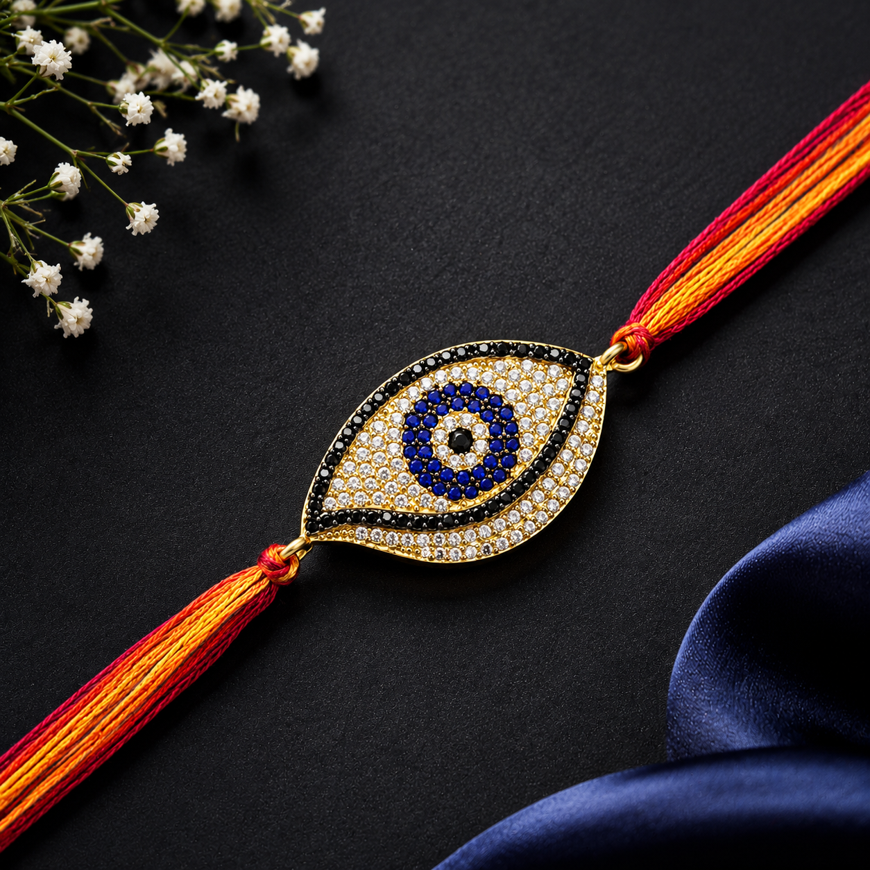 Designer Oval Evil Eye Black CZ Red Orange Thread Rakhi For Men Bulk