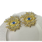 Beaten Finish Big Eyelash Evil Eye Baguette CZ Gold Stud Earring Bulk