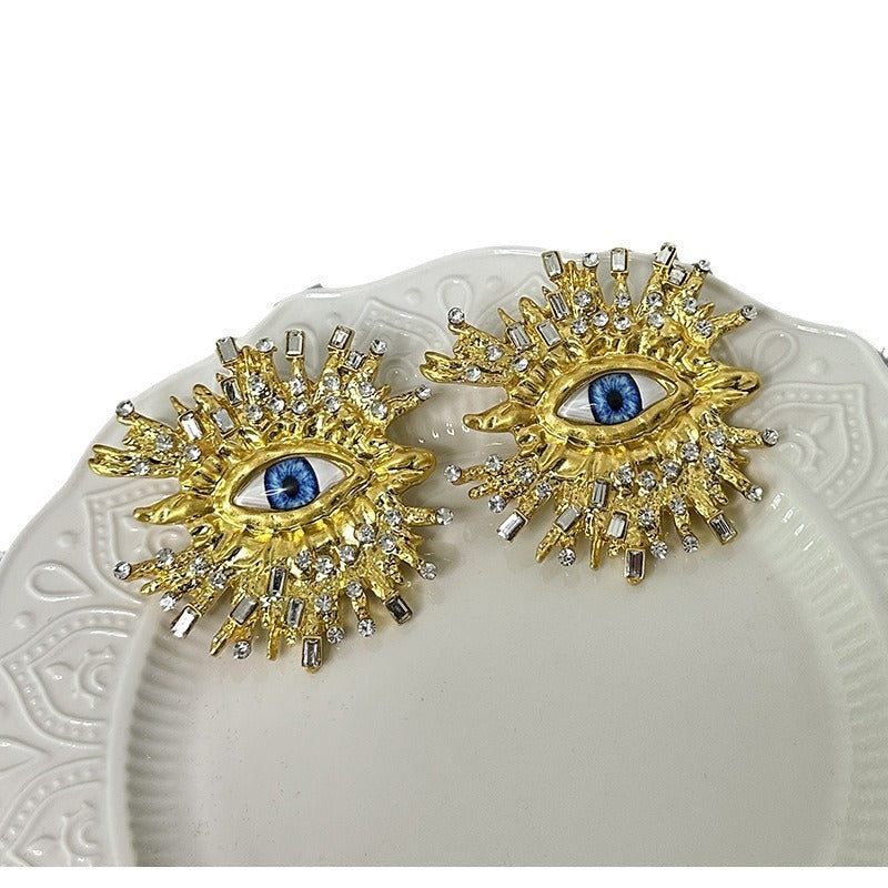 Beaten Finish Big Eyelash Evil Eye Baguette CZ Gold Stud Earring Bulk