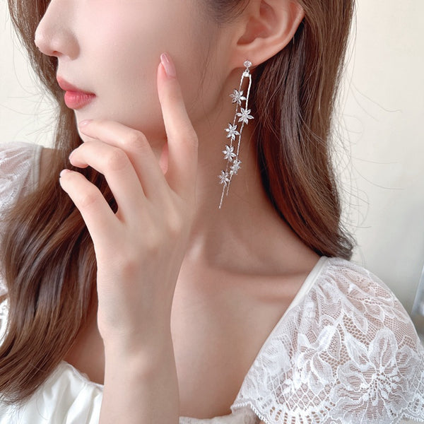 Floral Gold Silver CZ Anti Tarnish Long Dangler Tassel Earrings Bulk Secondary image