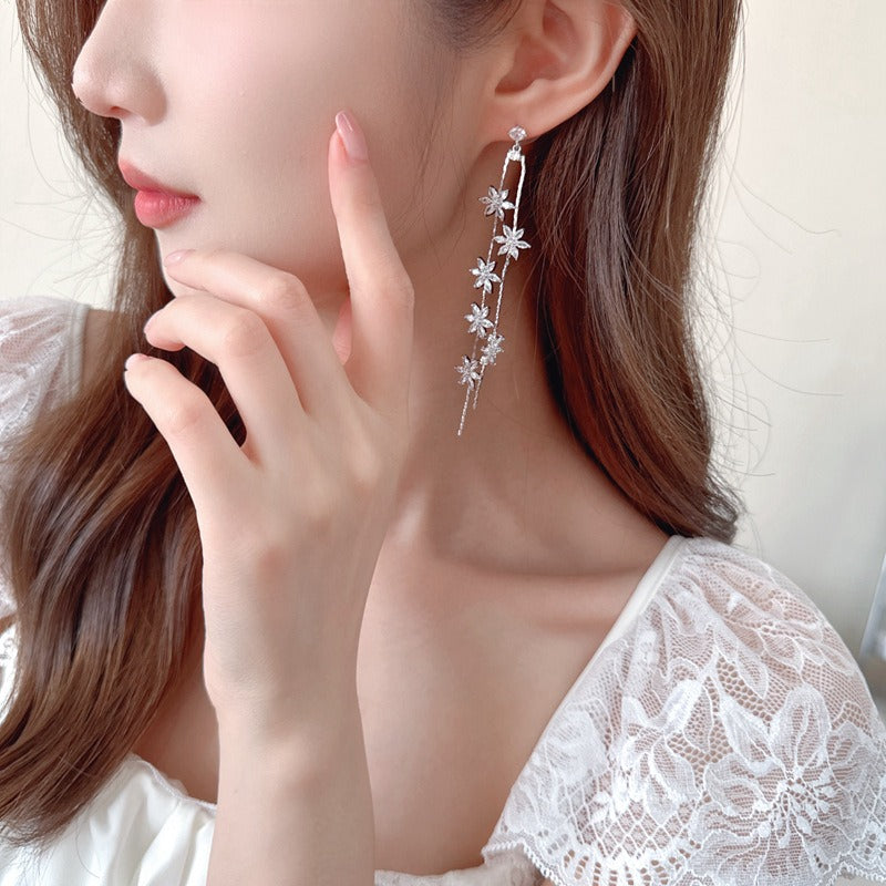 Floral Gold Silver CZ Anti Tarnish Long Dangler Tassel Earrings Bulk