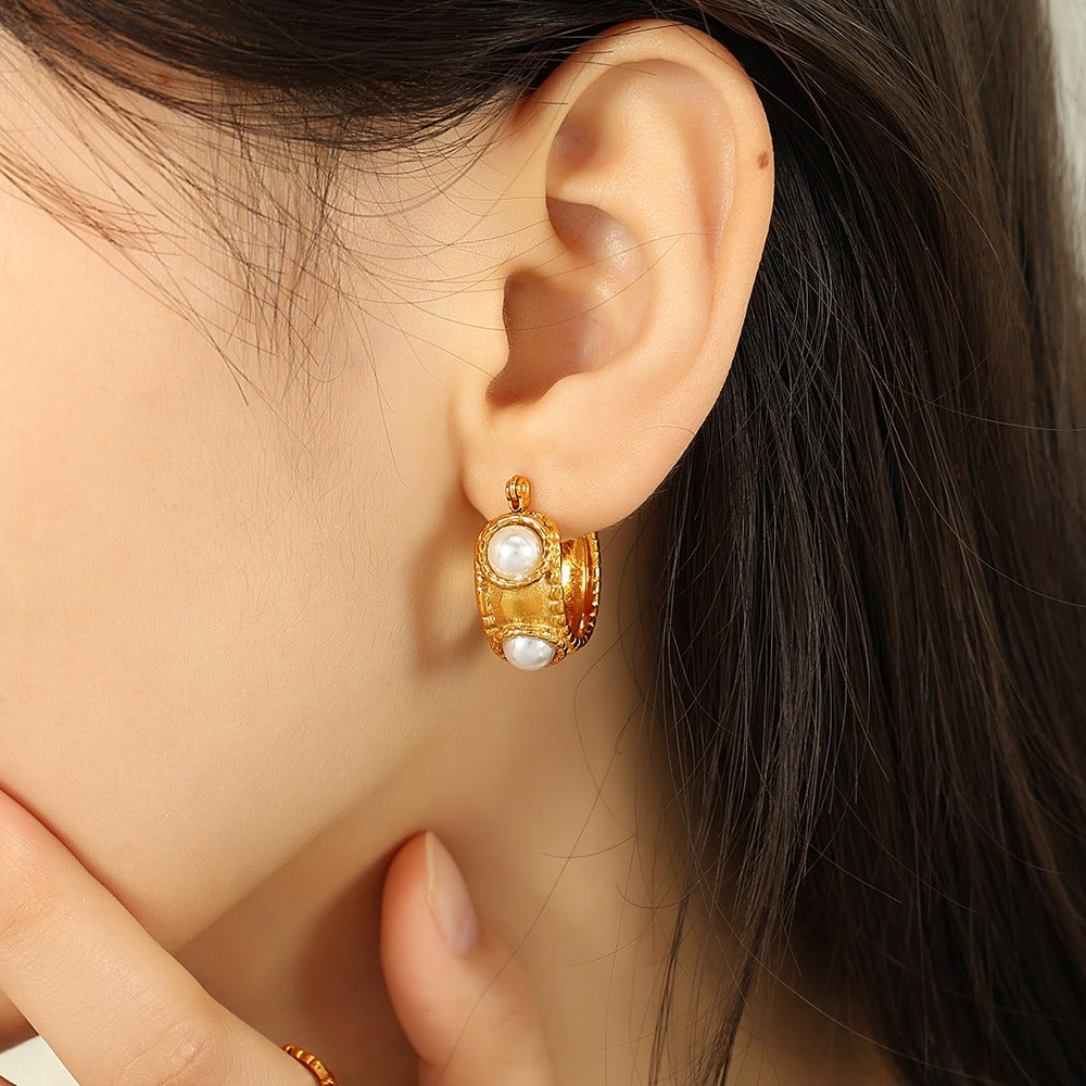 18K Gold Plated White Pearl Stainless Steel Hook Earrings Women Bulk Secondary image