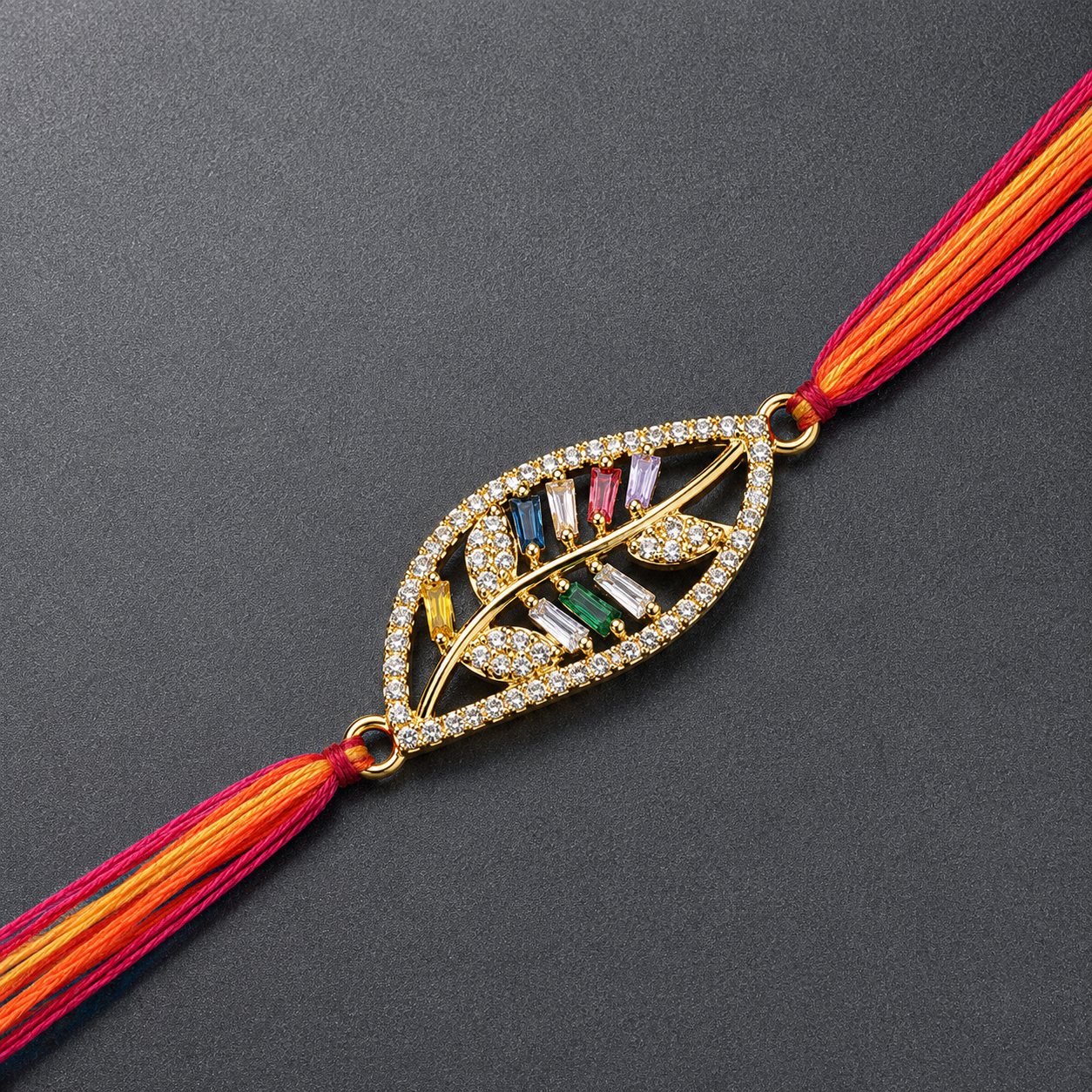 Designer Leaf Style Gold Plated CZ Red Orange Thread Rakhi For Men Bulk Secondary image