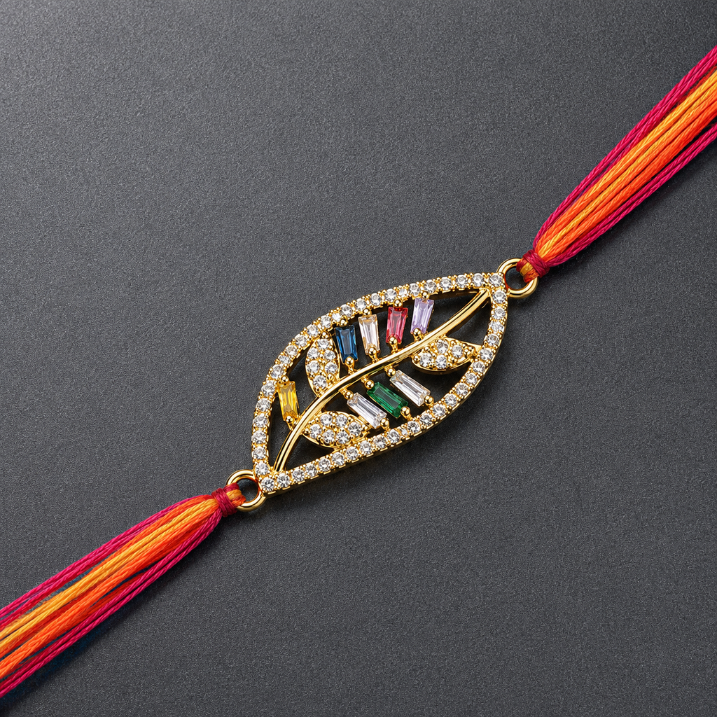 Designer Leaf Style Gold Plated CZ Red Orange Thread Rakhi For Men Bulk