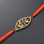 Designer Leaf Style Gold Plated CZ Red Orange Thread Rakhi For Men Bulk