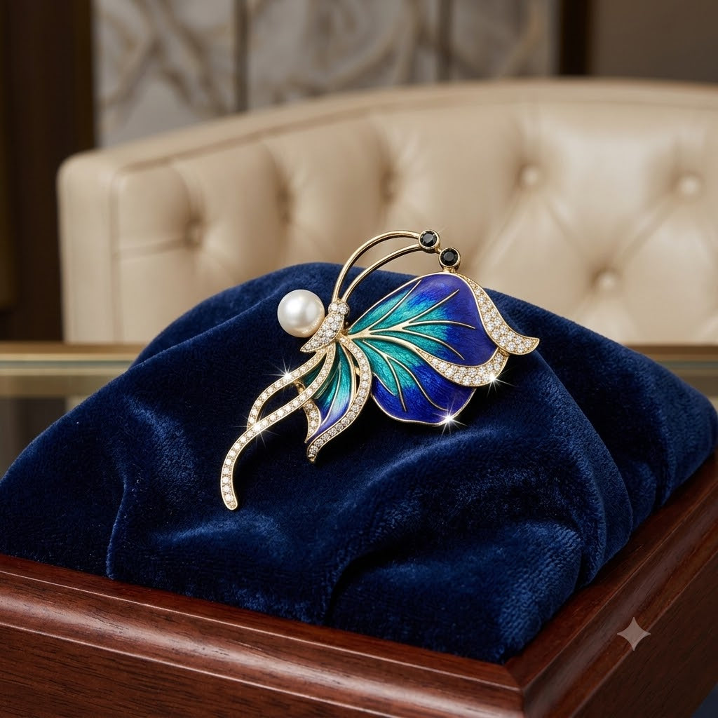 Blue & Green Floral Gold Plated CZ Enamel Faux Pearl Copper Brooch Bulk
