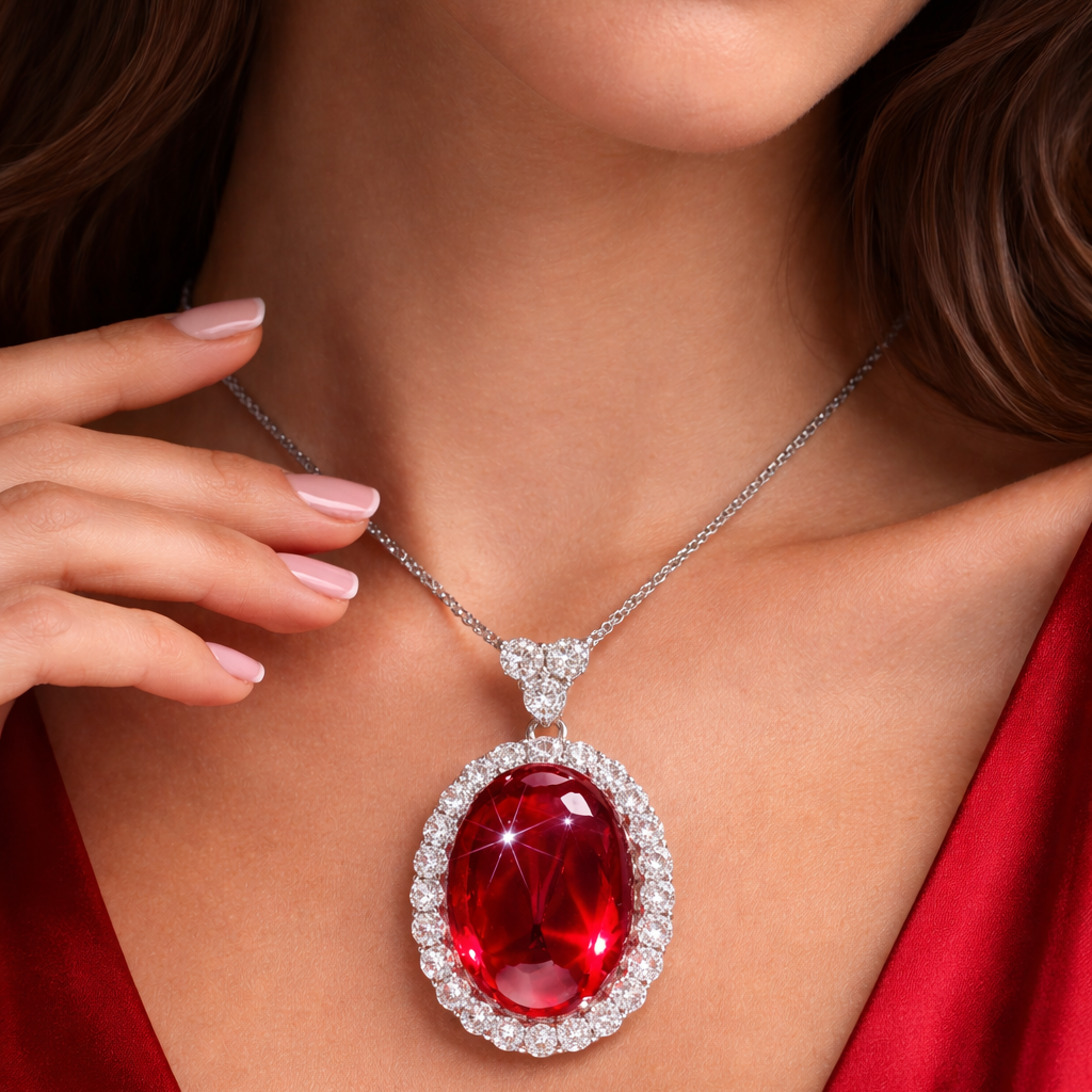 Red Green Classic Oval Cabochon Silver CZ Copper Pendant Chain Bulk
