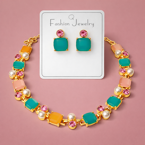 Bulk Multi Color Gold Plated Cubic Zirconia Beads Necklace Earring Set Main image