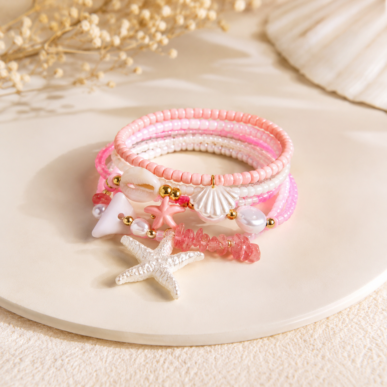 Pink Layered Trendy Beach Style Gold Pearl Beads Bracelet Wholesale