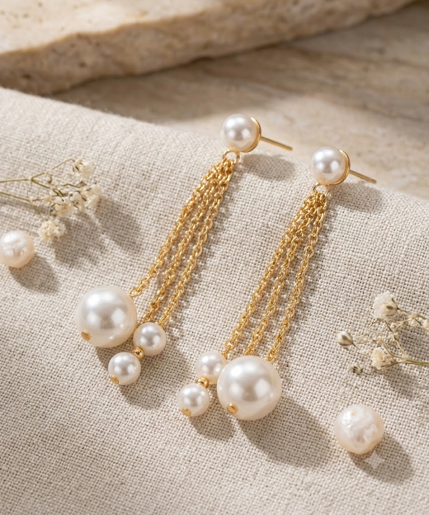 Elegant Gold Long Chain Triple White Faux Pearl Dangler Earrings Bulk