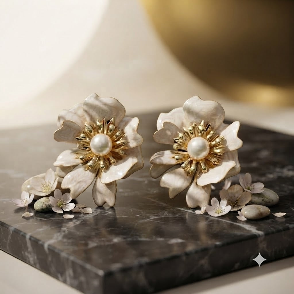 Designer Floral Gold Plated White Mother of Pearl Stud Earrings Bulk
