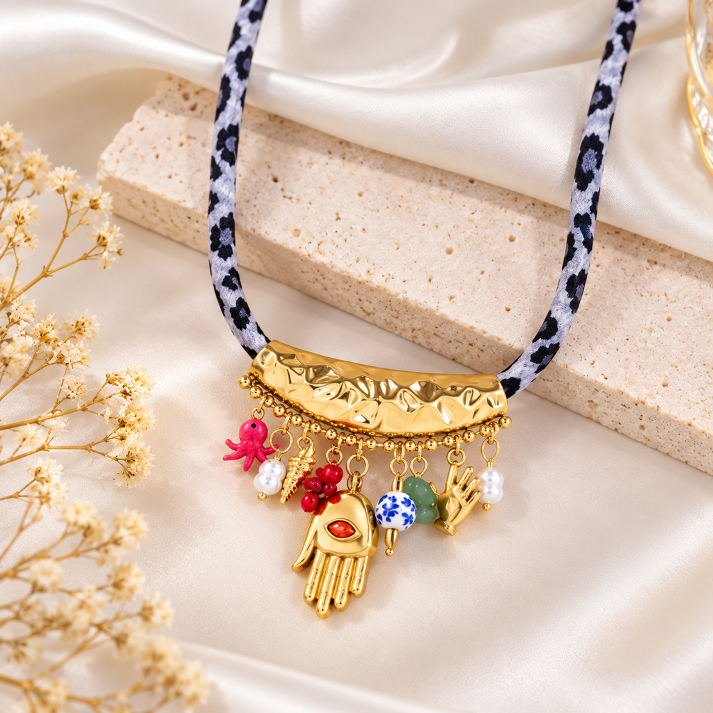 Multicolor Enamel & Faux Pearl Tribal Charm Gold Plated Necklace Bulk