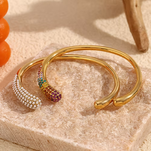 Pearl CZ 18K Gold Stainless Steel Anti Tarnish Open Cuff Bracelet Bulk