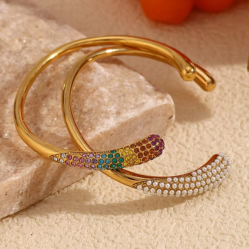 Pearl CZ 18K Gold Stainless Steel Anti Tarnish Open Cuff Bracelet Bulk Main image
