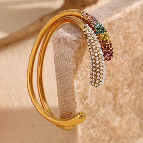 Pearl CZ 18K Gold Stainless Steel Anti Tarnish Open Cuff Bracelet Bulk