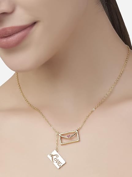 Pink Heart Postcard letter Gold Cubic Zirconia Copper Necklace Bulk