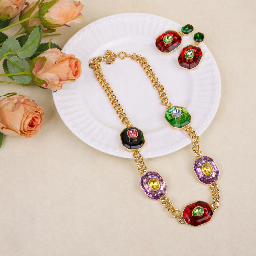 Multi Color Designer Chunky Chain Gold CZ Copper Necklace Combo Set Bulk