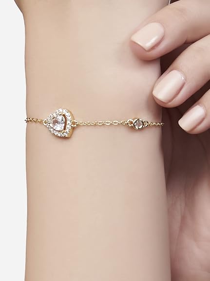 Gold Heart Cubic Zirconia Anti Tarnish Copper Bracelet For Women Bulk
