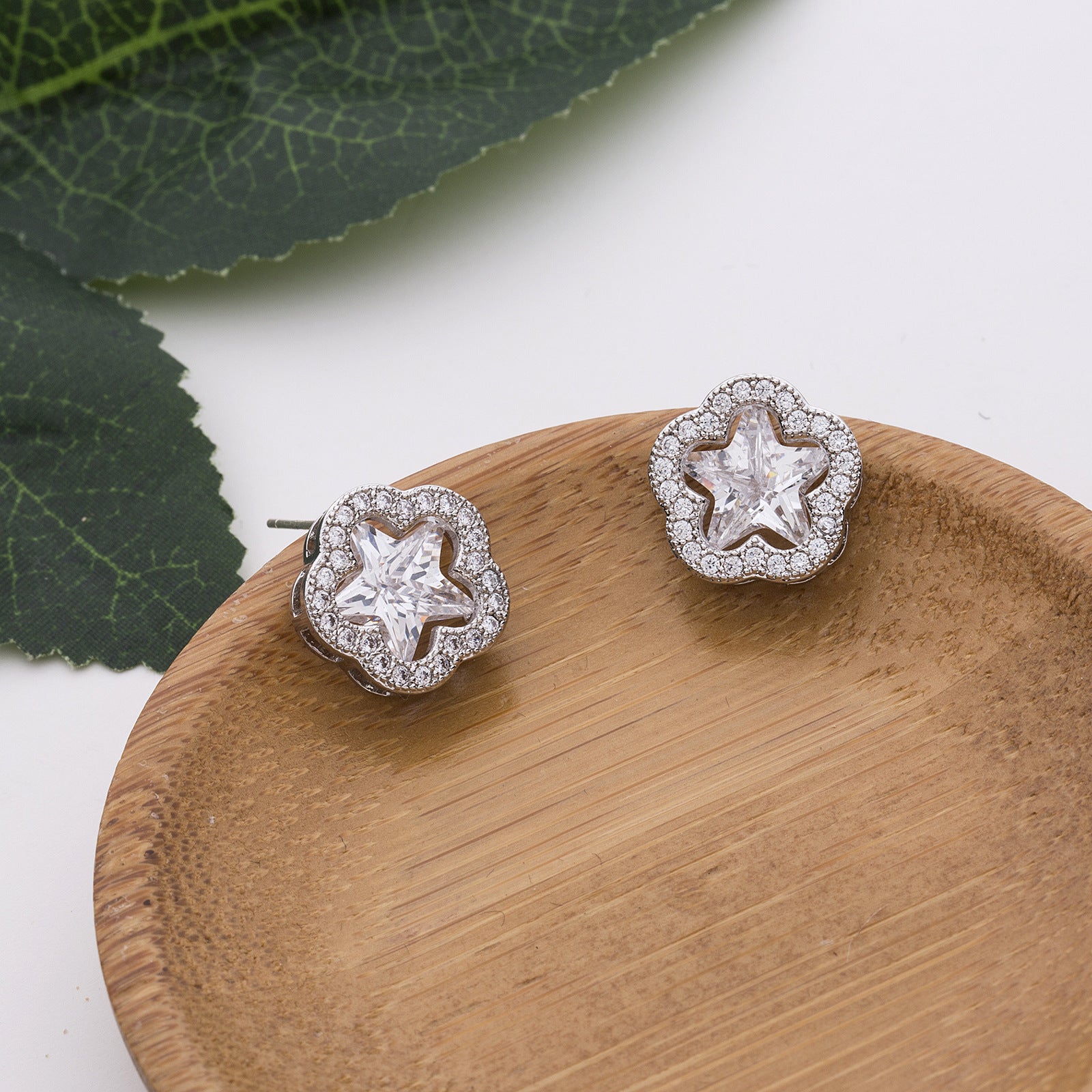 Floral Star Cut Silver Plated CZ Anti Tarnish Copper Stud Earrings Bulk