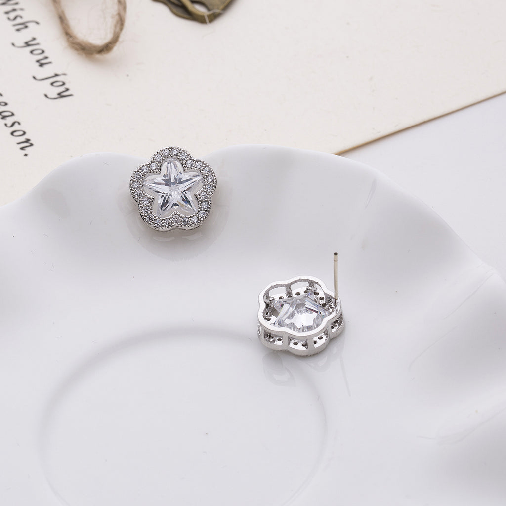 Floral Star Cut Silver Plated CZ Anti Tarnish Copper Stud Earrings Bulk