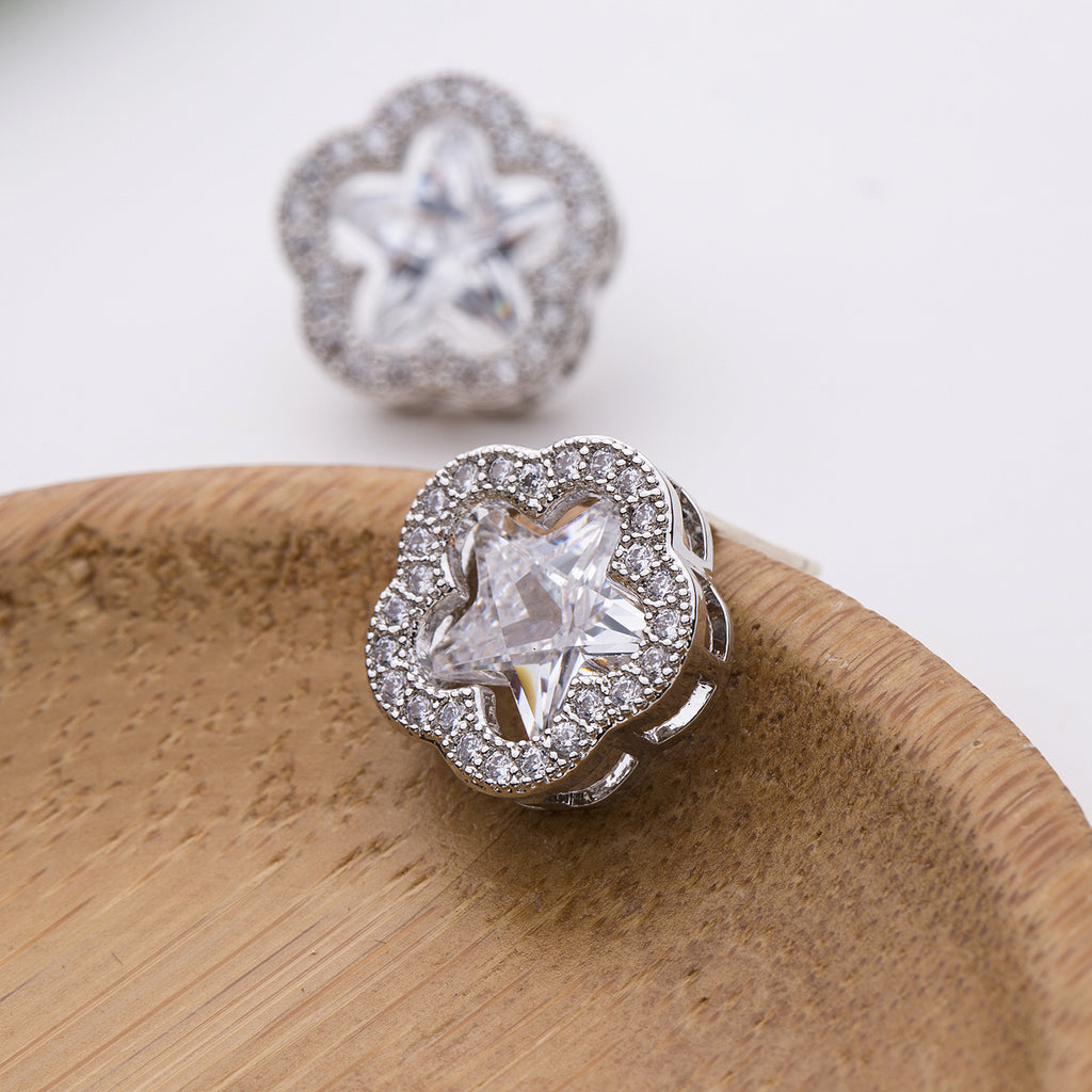 Floral Star Cut Silver Plated CZ Anti Tarnish Copper Stud Earrings Bulk