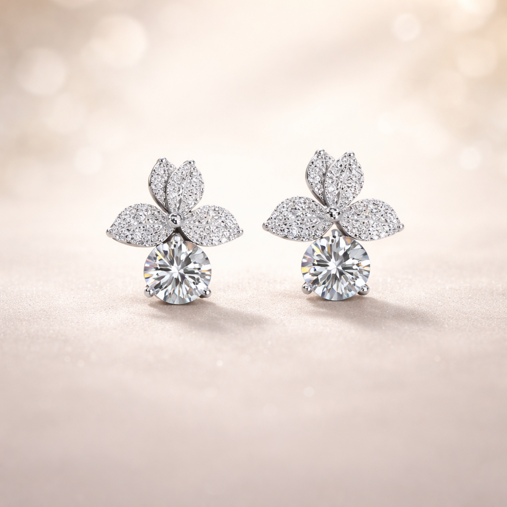 Luxury Petal Design Silver CZ Anti Tarnish Copper Stud Earrings Bulk