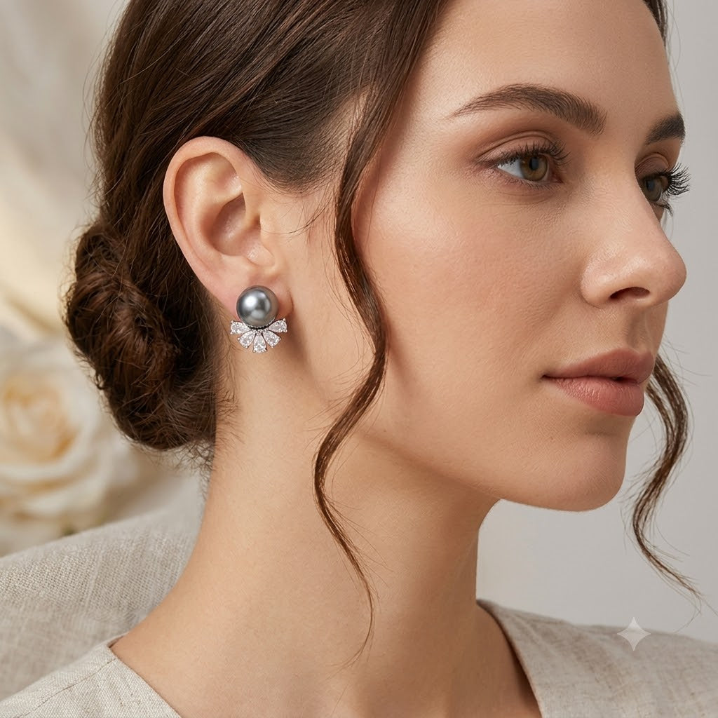 Elegant Fan Design Silver Gray Black Pearl CZ Copper Stud Earrings Bulk