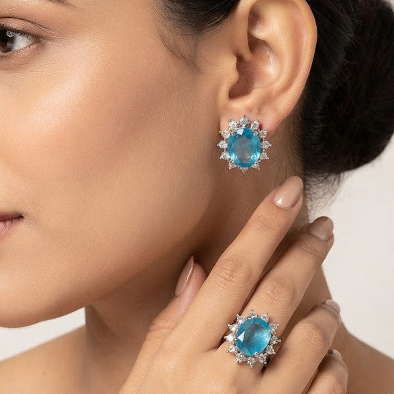 Elegant Oval Blue Silver Plated CZ Copper Stud Earrings & Ring Set Bulk Main image