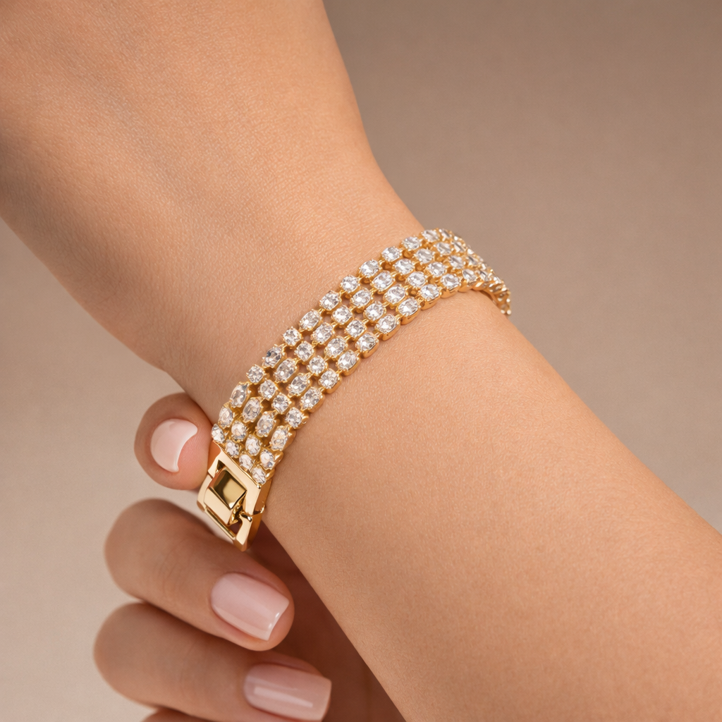 Bulk Double Line Emerald Cut Gold Silver Plated CZ Copper Bracelet