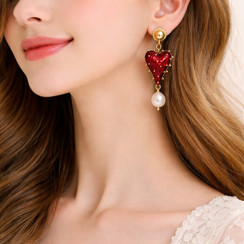 Trendy Red Heart Gold Resin Pearl Dangler Earrings For Women Wholesale Main image