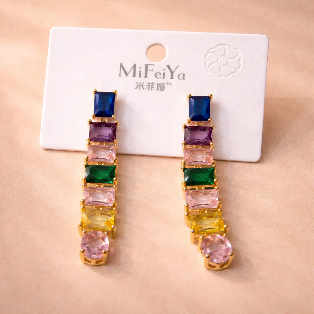 Bulk Multi Color Baguette Cut Gold Plated CZ Copper Dangler Earrings