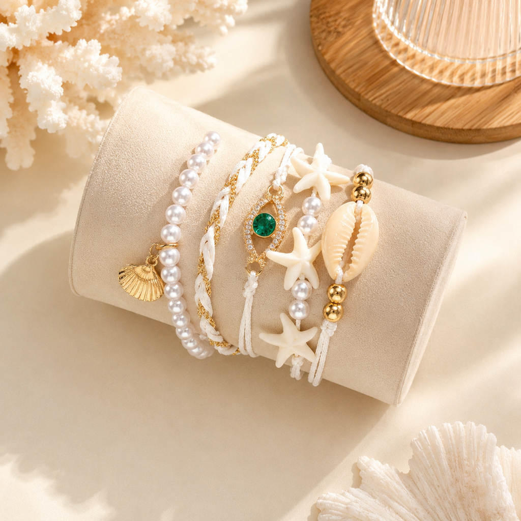 White Cowrie Shell & Emerald Crystal Gold Pearl Beads Bracelet Bulk