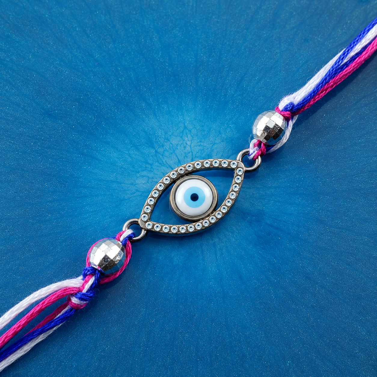 Oval Evil Eye Black CZ Pink Blue White Thread Rakhi For Men Wholesale Secondary image