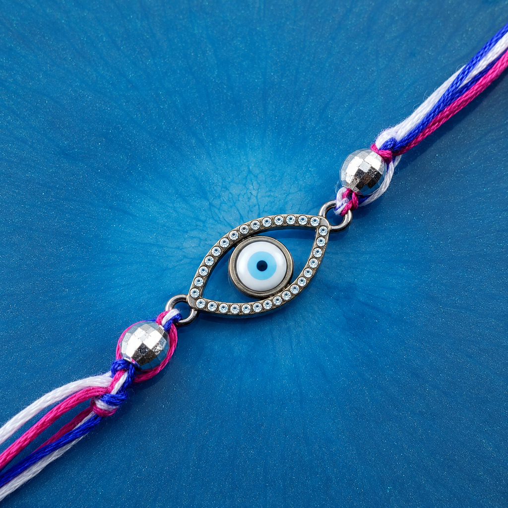 Oval Evil Eye Black CZ Pink Blue White Thread Rakhi For Men Wholesale
