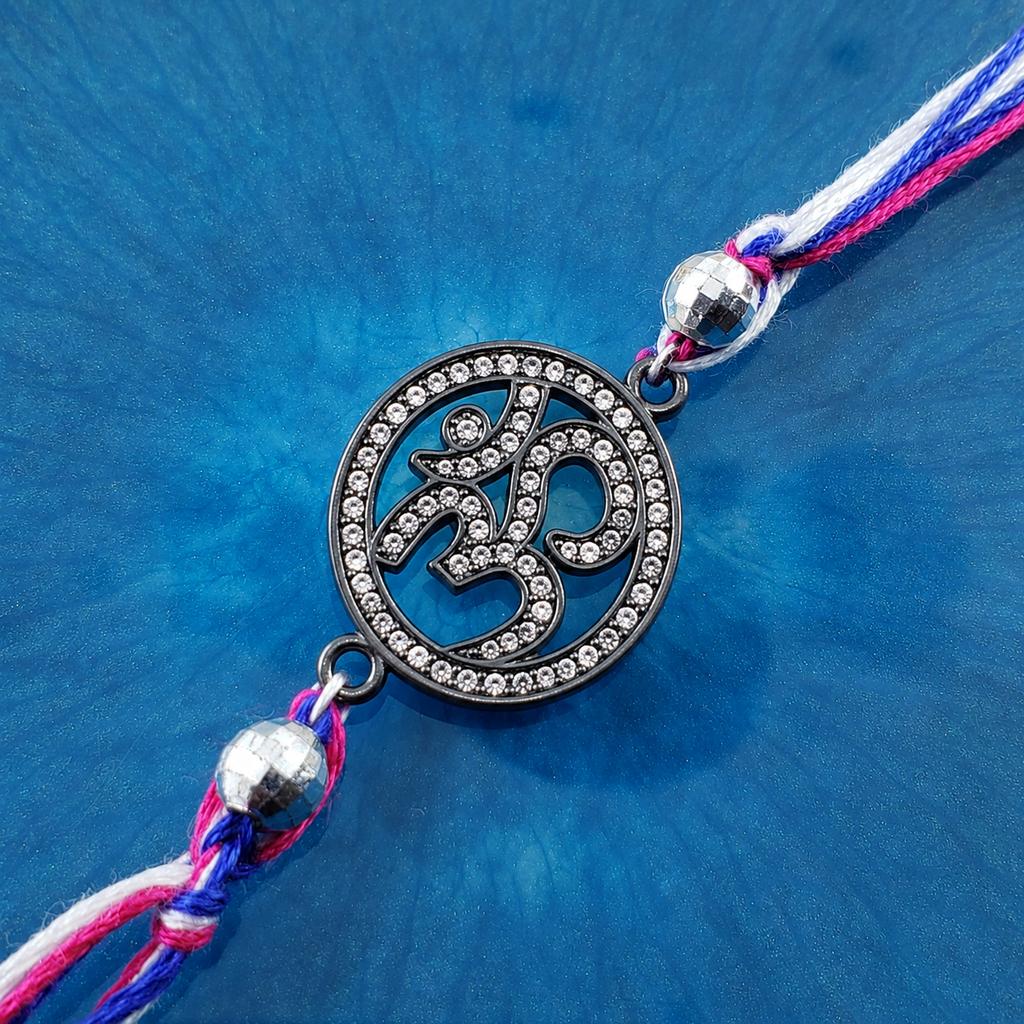 Om Symbol Rakh Black CZ White Blue Pink Thread Rakhi For Men Wholesale