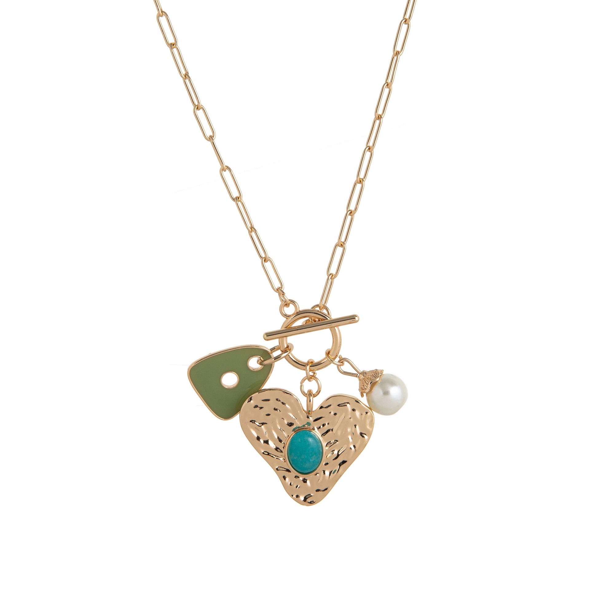 Heart 18K Gold Grey Pearl Enamel Anti Tarnish Link Chain Necklace Bulk