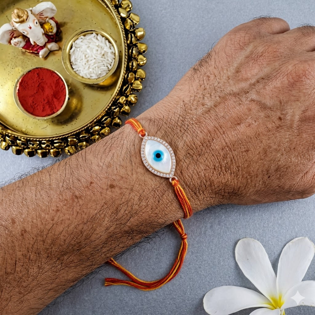 Oval Evil Eye Rose Gold CZ Mother of Pearl Red Orange Thread Rakhi Bulk