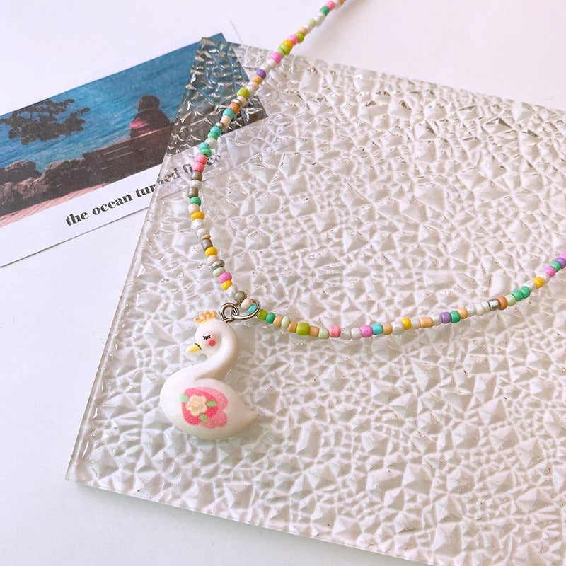 Pink White Duck Multicolour Beaded Silver Charm Necklace Kids Bulk Main image