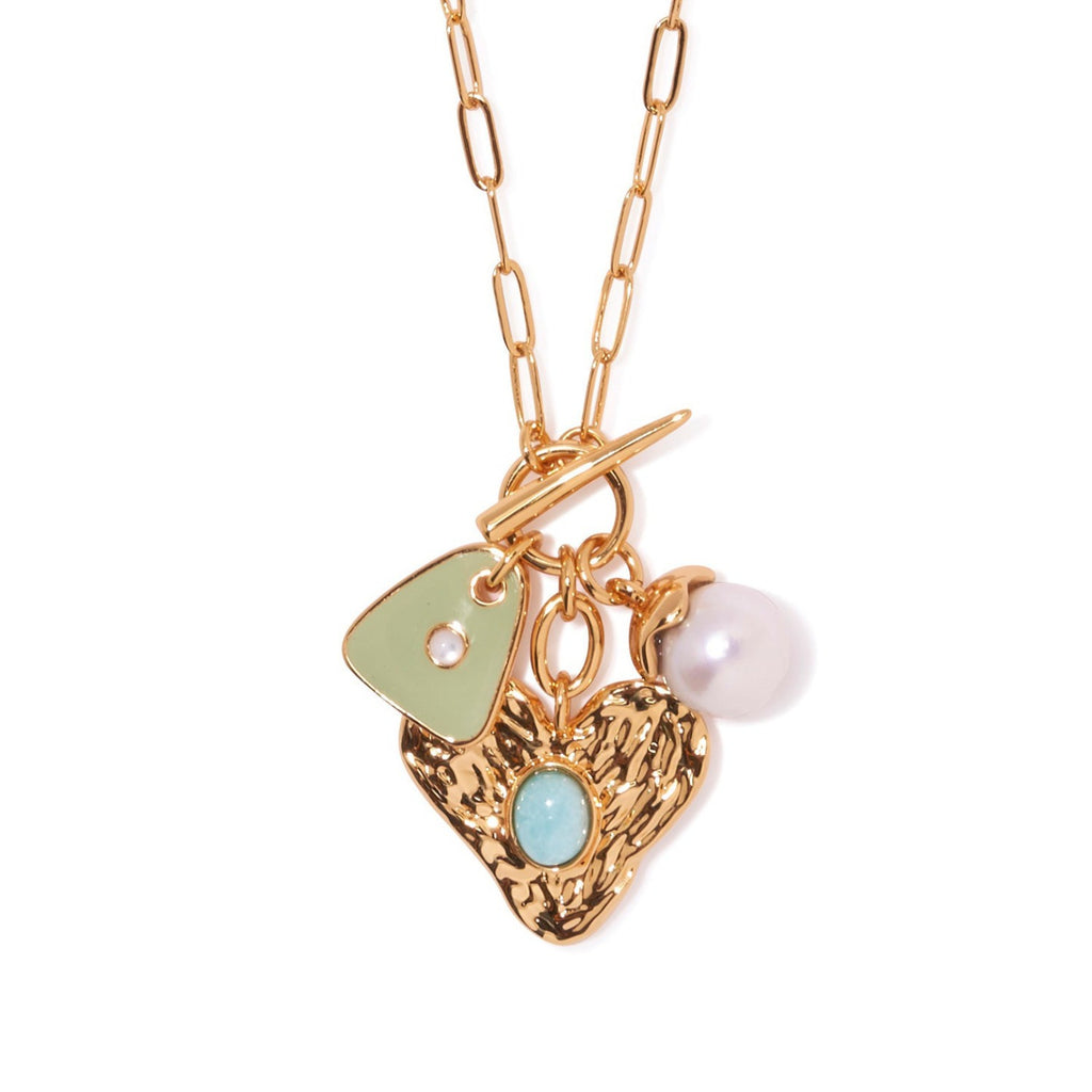 Heart 18K Gold Grey Pearl Enamel Anti Tarnish Link Chain Necklace Bulk
