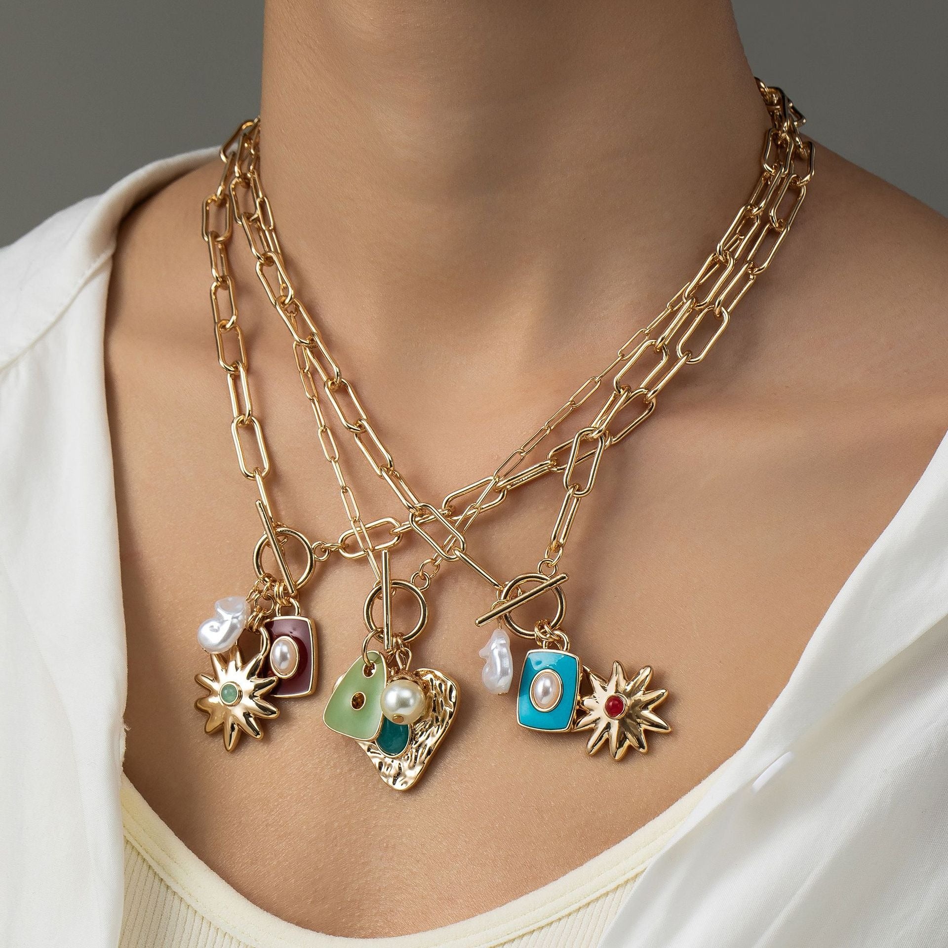 Heart 18K Gold Grey Pearl Enamel Anti Tarnish Link Chain Necklace Bulk