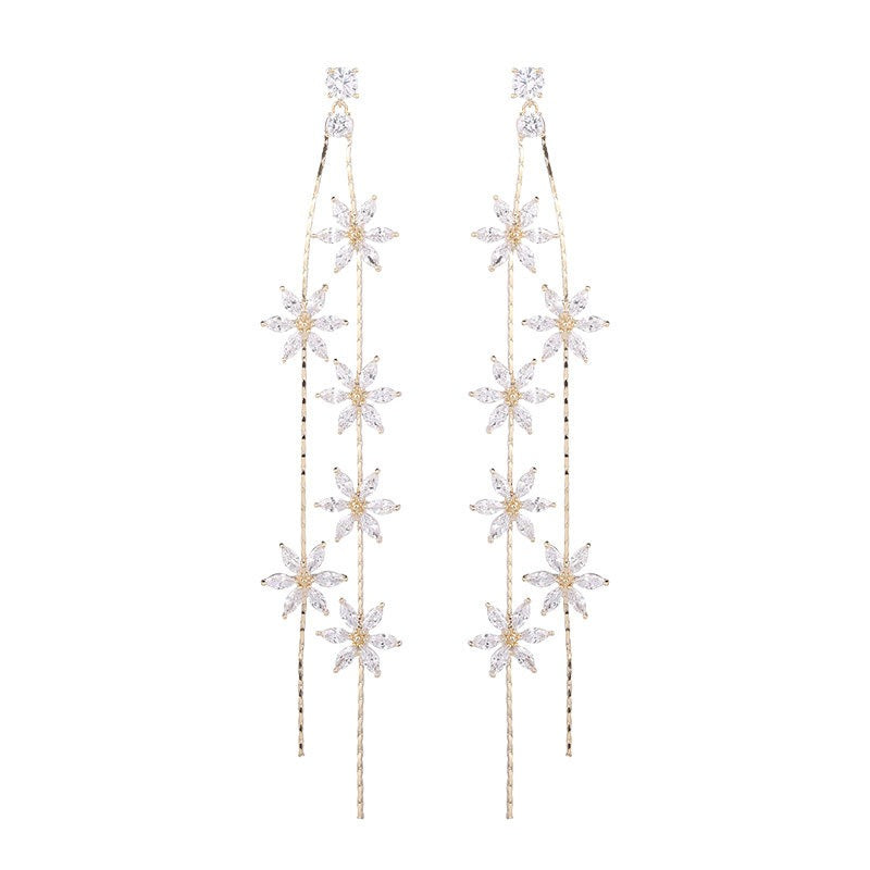 Floral Gold Silver CZ Anti Tarnish Long Dangler Tassel Earrings Bulk