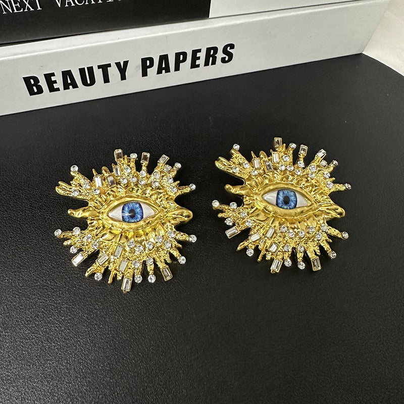 Beaten Finish Big Eyelash Evil Eye Baguette CZ Gold Stud Earring Bulk Secondary image