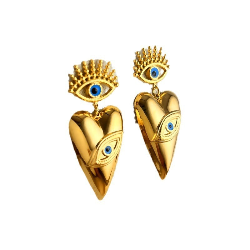 Triangle Evil Eye Blue Gold Stainless Steel Dangler Earring Women Bulk