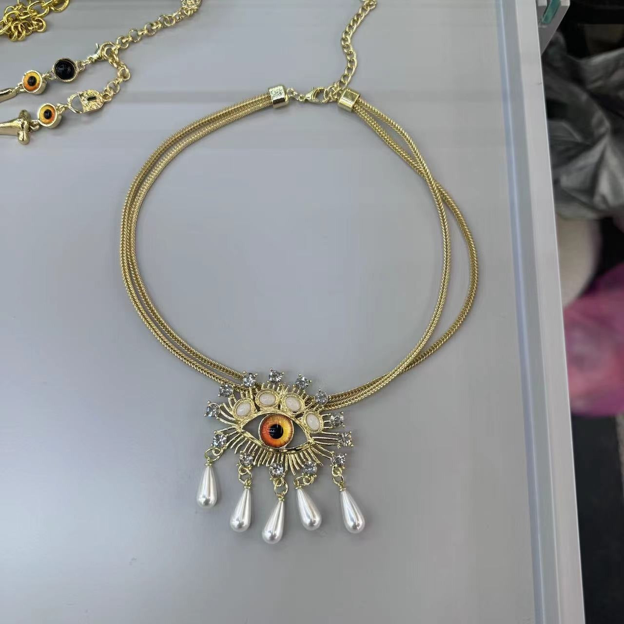 Evil Eye Blue Cubic Zirconia Pearl 18k Gold Anti Tarnish Snake Necklace Pendant Chain For Women