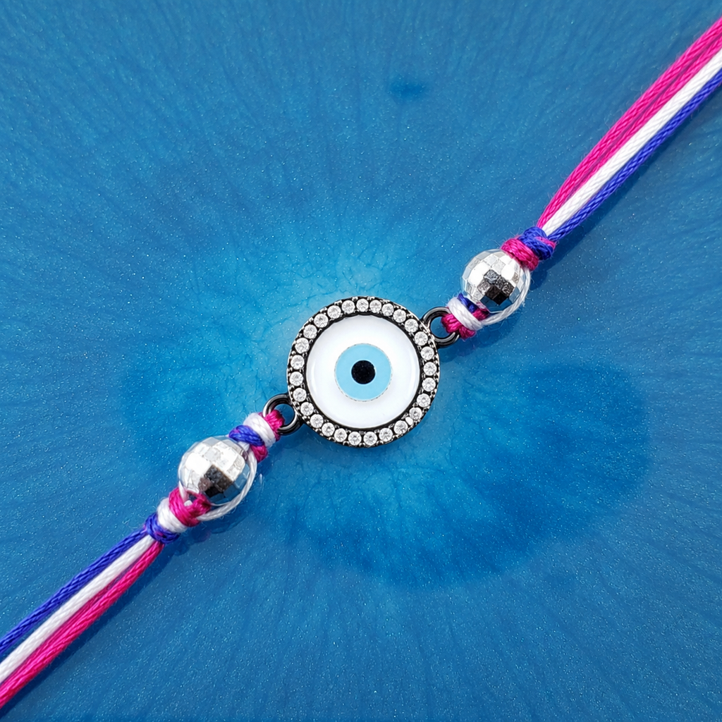 Round Evil Eye Black CZ Beads Pink Blue White Thread Rakhi For Men Bulk