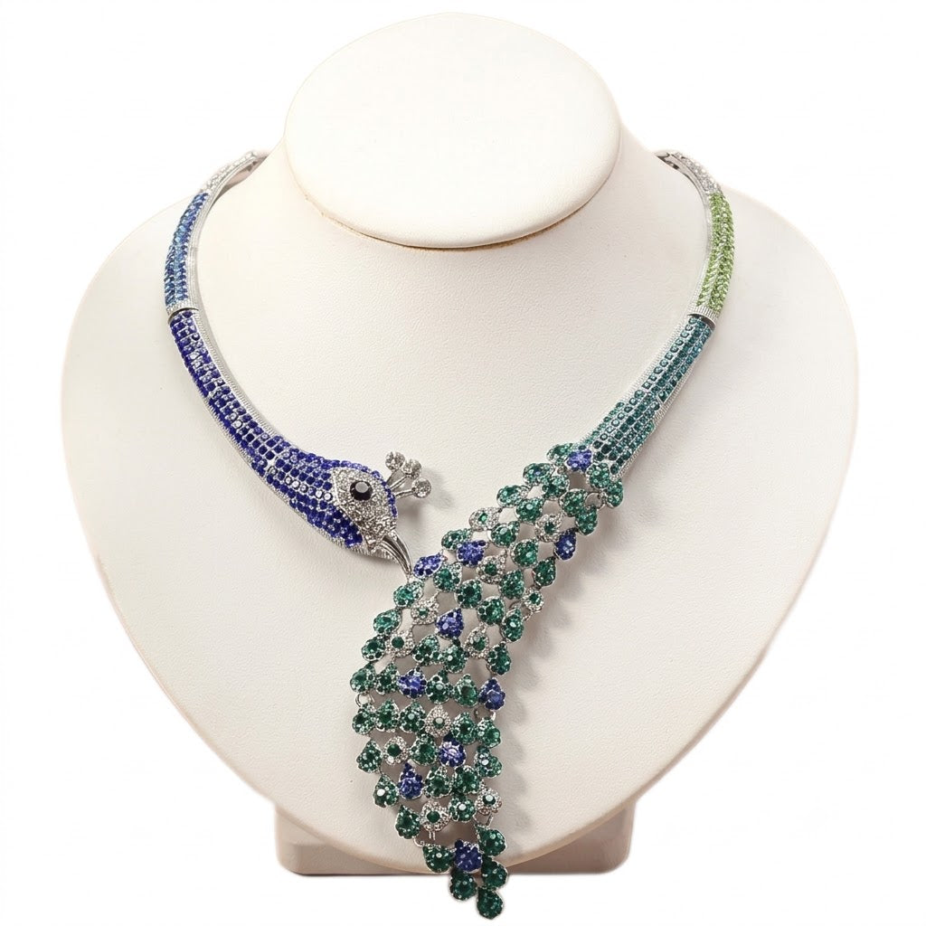 Peacock Style Silver Plated Blue Green & White Rhinestone Necklace Bulk