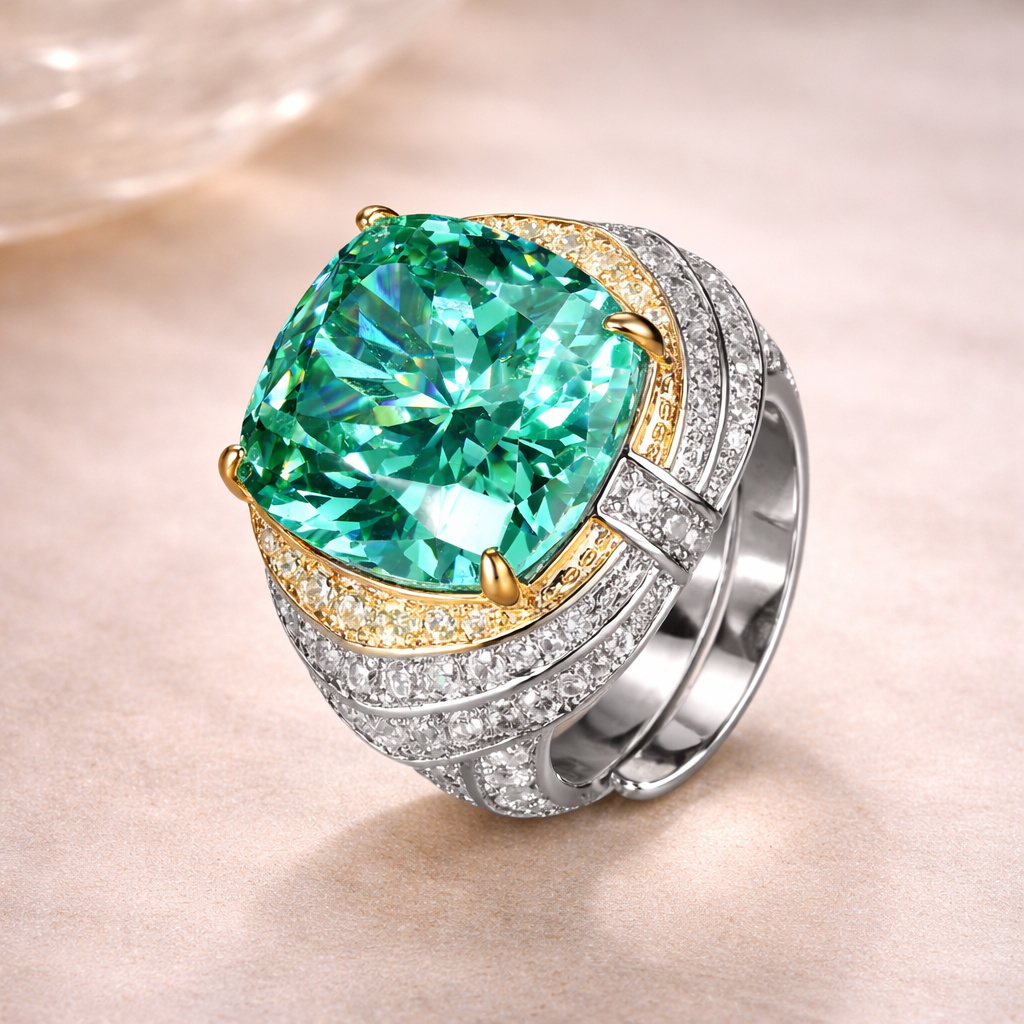 Green Cushion Cut Silver CZ Copper Anti Tarnish Cocktail Ring Wholesale