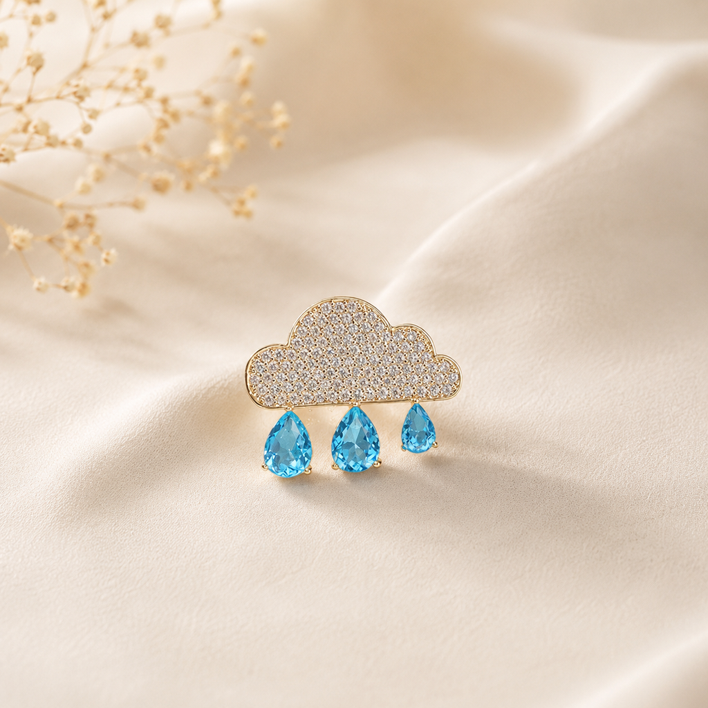 Blue Rain Cloud Style Gold CZ Copper Anti Tarnish Brooch Wholesale