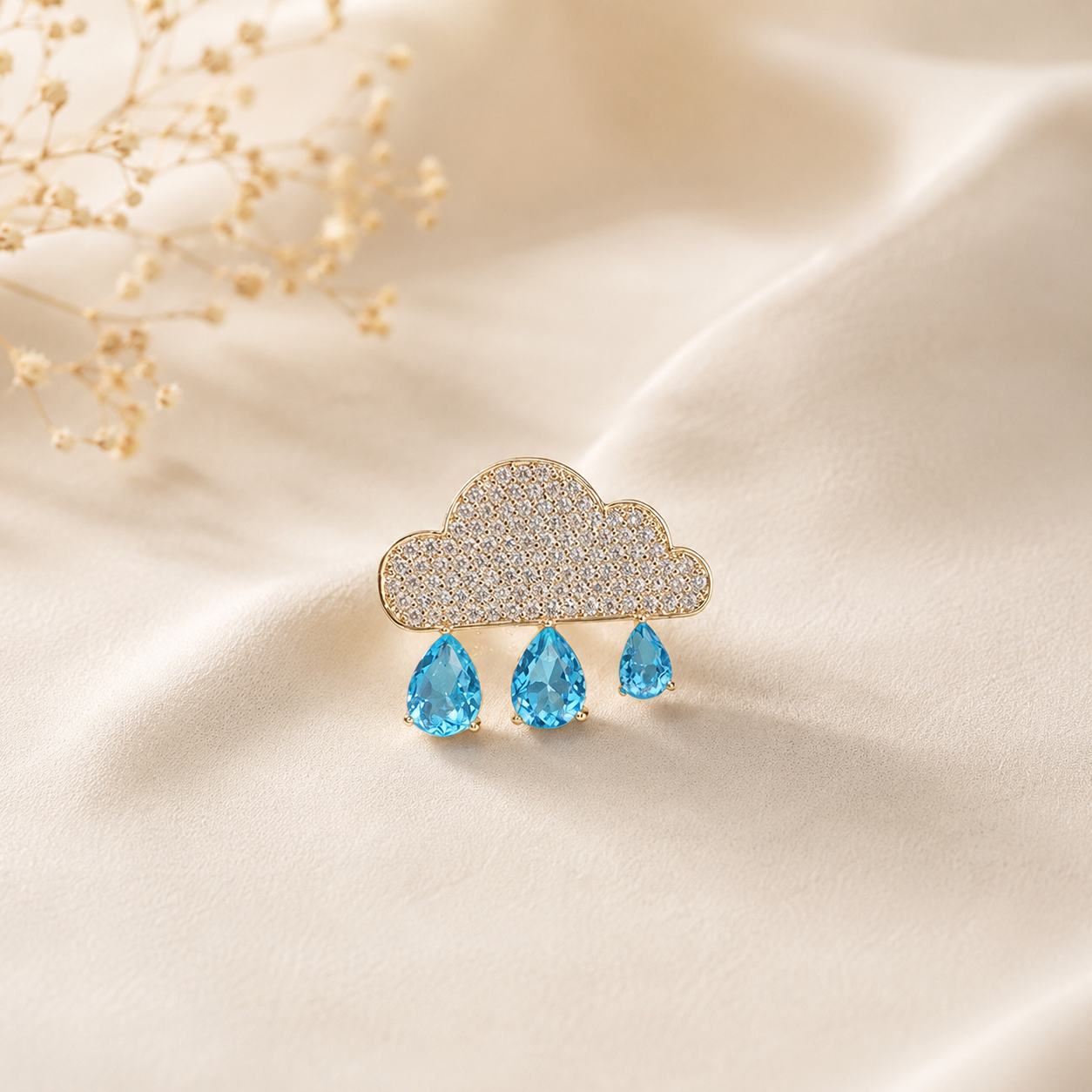 Blue Rain Cloud Style Gold CZ Copper Anti Tarnish Brooch Wholesale