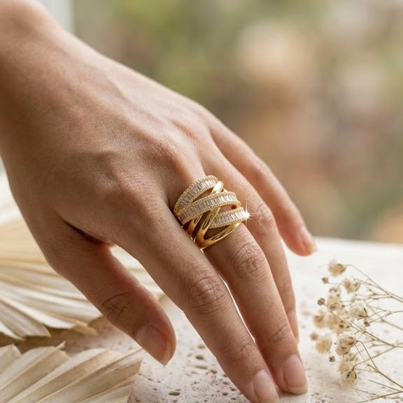 Designer Multi Layer Criss-Cross Gold Silver Plated CZ Copper Ring Bulk